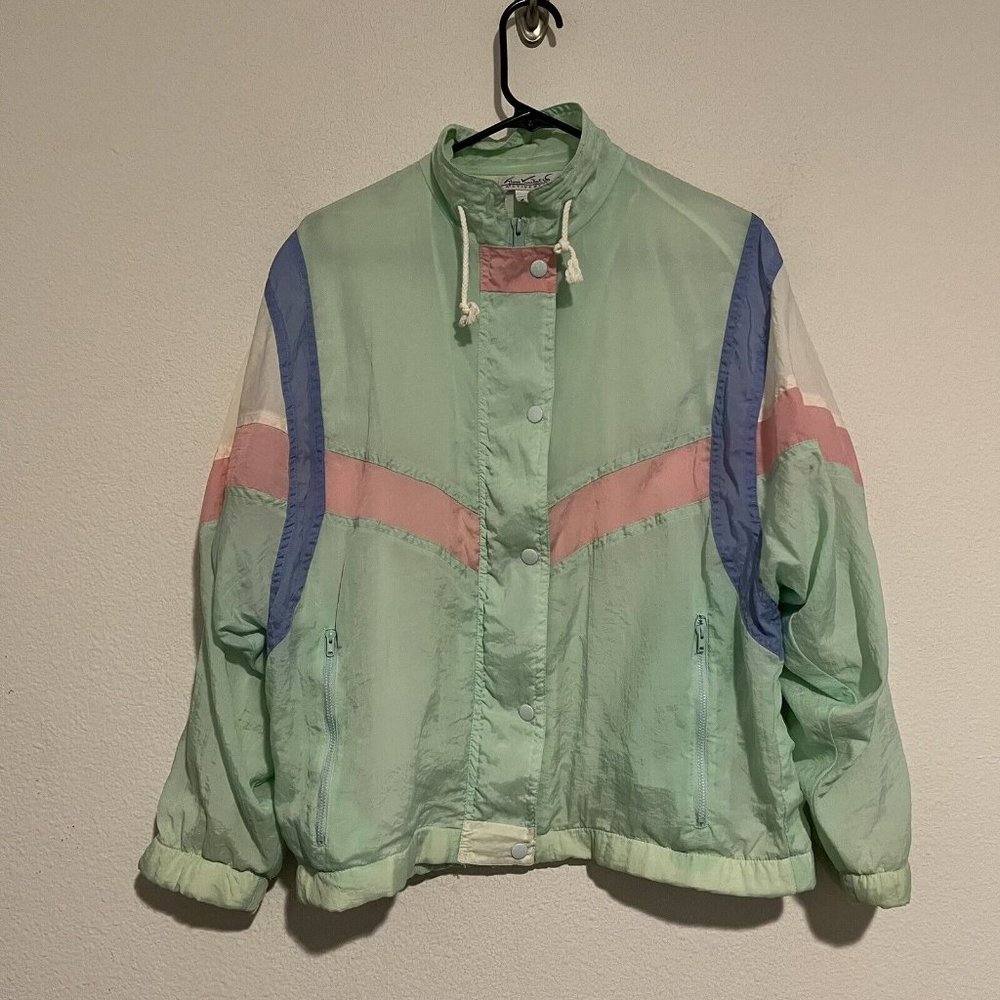 Vintage 80s Gloria Vanderbilt Pastel Greennylon Windbreaker Women Medium Read